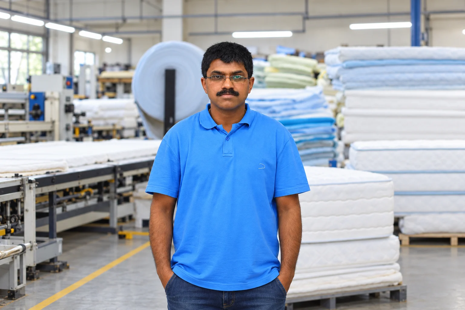 Team member in a mattress workshop, with AI-expanded surroundings.