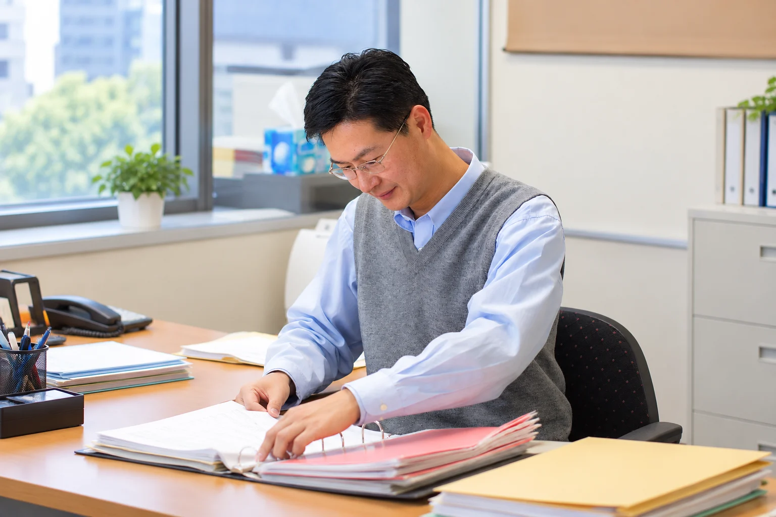 Team member reviewing paperwork at an office desk, with AI-expanded surroundings.